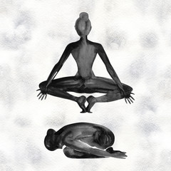 Watercolor yoga pose. Asana. Healthy lifestyle and relaxation.