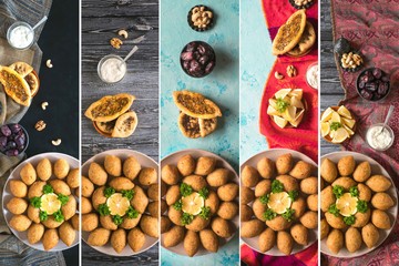 Collage of Arabic meat appetizer Kibbeh. Traditional Arabic kibbeh with lamb and pine nuts. 