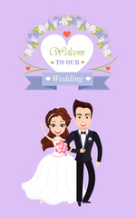 Welcome to our wedding, purple invitation decorated by flowers and heart, romantic ceremony of couple, portrait view of married groom and bride vector