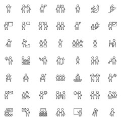 Teamwork people line icons set. linear style symbols collection, outline signs pack. vector graphics. Set includes icons as Business agreement handshake, Achievement, Man presentation board, Training