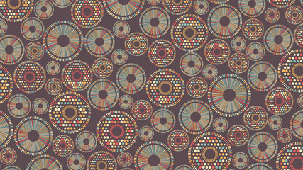 Abstract background consisting of non-intersecting colored round shaped elements evenly distributed on brown.