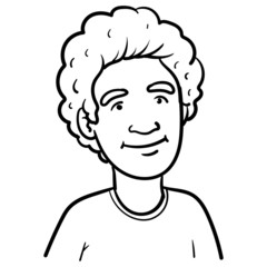Hand drawn outline vector illustration of a boy with curly hair from the front. comic, cartoon, sketch, doodle.