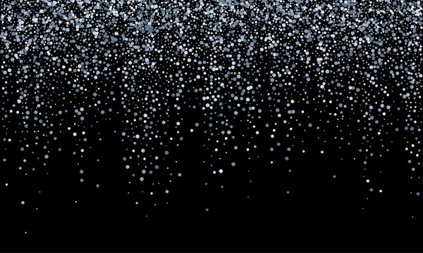 Silver confetti falling, glitter snow shine and glow on black vector background. Carnival birthday party sparkling silver confetti fall background