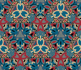 Kaleidoscope seamless pattern, background. Colorful abstract shapes. Useful as design element for texture and artistic compositions.