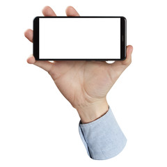 Hand holding a black smartphone, isolated on white background