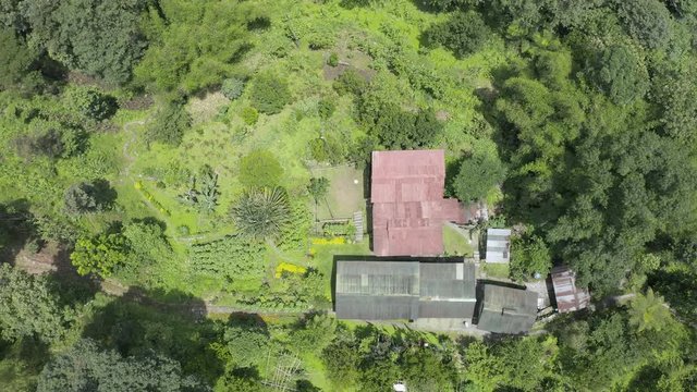 Aerial, top down, drone shot, rising above a detached house and garden, in the middle of Indian forest, on a sunny day, in Sikkim, India