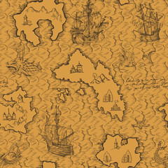 Old caravel, vintage sailboat, sea monster. Vector seamless pattern