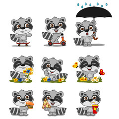 Collection of little raccoon in cartoon style - skating, summer meadow, fast food - isolated on white background