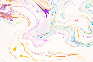 Bright resin art abstract background. Multicolor marble surface, mineral stone texture. Violet, orange and blue paint mix wallpaper. Fluid, color liquid flow effect. Watercolor, acrylic waves, swirls.