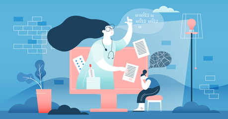 Fototapeta na wymiar Online doctor vector illustration. Flat tiny medical help persons concept.