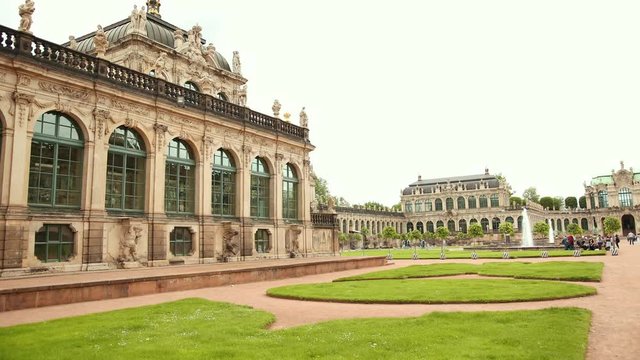 Ronin shot of famous Zwinger palace (Der Dresdner Zwinger) Art Gallery of Dresden. Colorful spring scene in Dresden, Saxony, Germany, Europe. 4k video. Wide angle, prores, slow motion