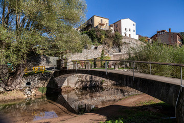 Fototapeta na wymiar Sant Joan de les Abadesses, Catalonia, Spain. Village view, bridge and river, rural houses.