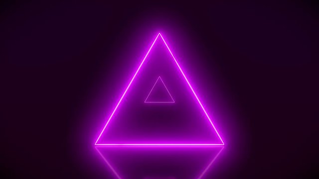 Video animation of glowing neon triangle in magenta on reflecting floor. - Abstract background - laser show