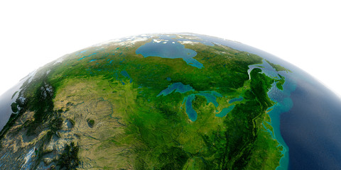 Detailed Earth on white background. North America. United States and Canada. Great Lakes.