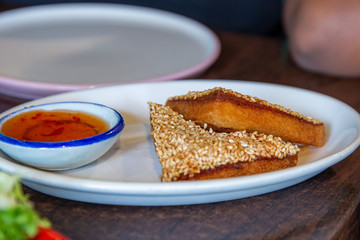 Prawn or shrimp toast (Hatosi) with sweet chilli sauce