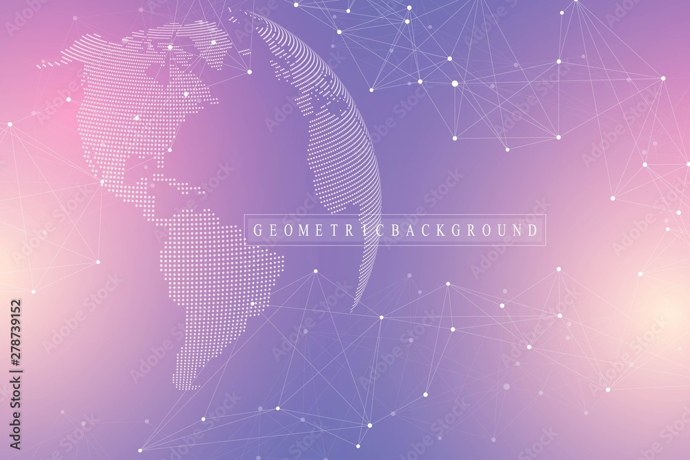 Poster Global network connection. Geometric abstract background with connected line and dots. Network and connection background for your presentation. Graphic polygonal background. Vector illustration.