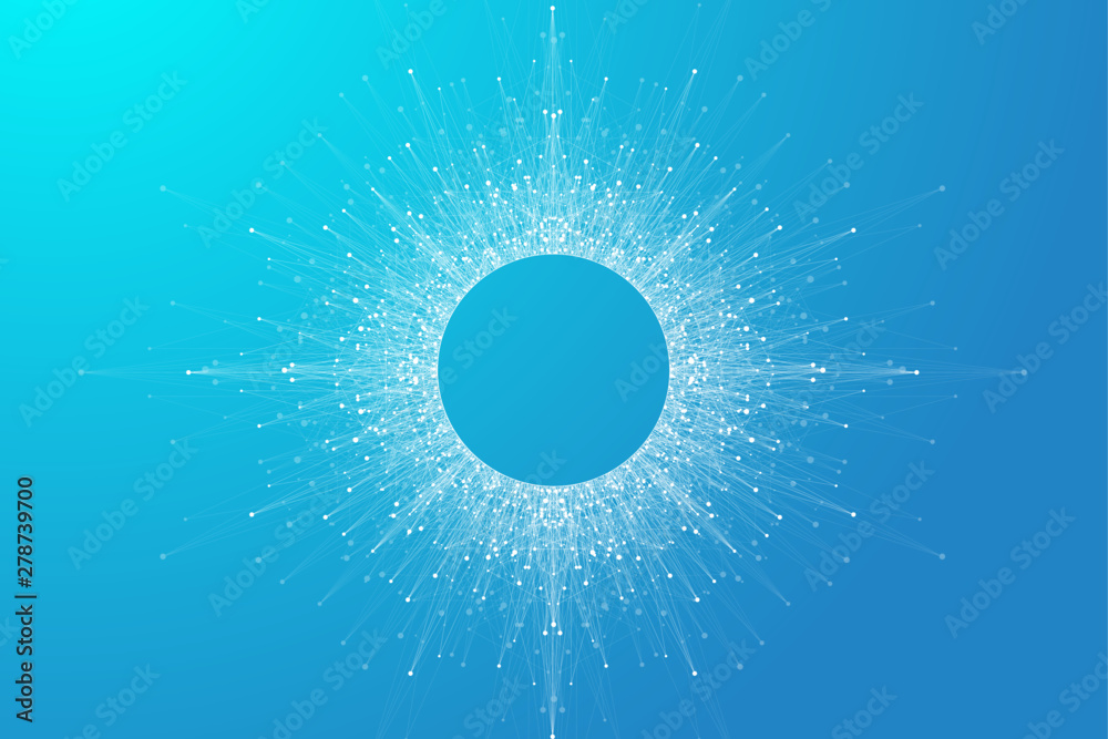 Aufkleber Expansion of life. Blue explosion background with connected line and dots, wave flow. Visualization Quantum technology. Abstract graphic background explosion, motion burst, vector illustration.