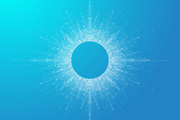 Expansion of life. Blue explosion background with connected line and dots, wave flow. Visualization Quantum technology. Abstract graphic background explosion, motion burst, vector illustration.