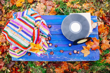 Vintage vinyl records on fall autumn leaves background in park. Chestnuts and crocheted striped warm plaid on wooden blue aged boards.