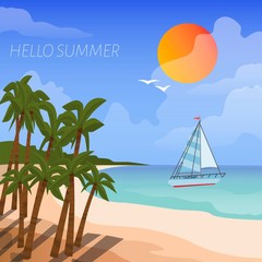 Fototapeta premium Summer beach vacation vector cartoon style poster. Background of sea shore with boat in the sea, sun and tropical palm trees. Good sunny day on beach. Hello summer text