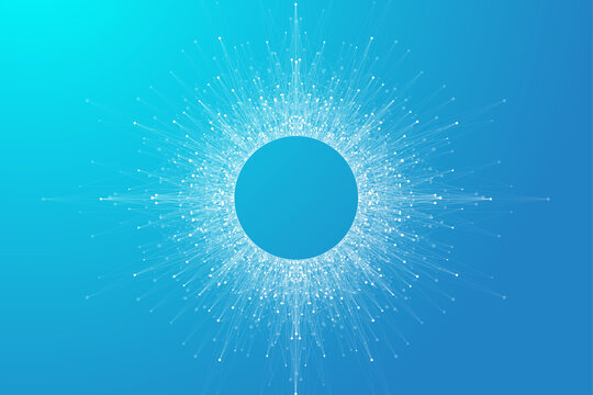 Expansion of life. Blue explosion background with connected line and dots, wave flow. Visualization Quantum technology. Abstract graphic background explosion, motion burst, vector illustration.