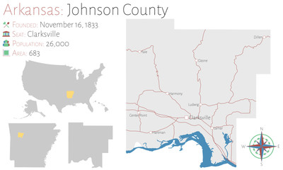 Large and detailed map of Johnson county in Arkansas, USA