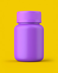 Purple pill capsule bottle on a yellow background. 3d render. Front view. Kitsch Art Series.