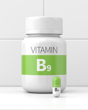 Green and white vitamin B9 pill capsule bottle in a medical setting. 3d render. Front view. Conceptual Scenes Series.