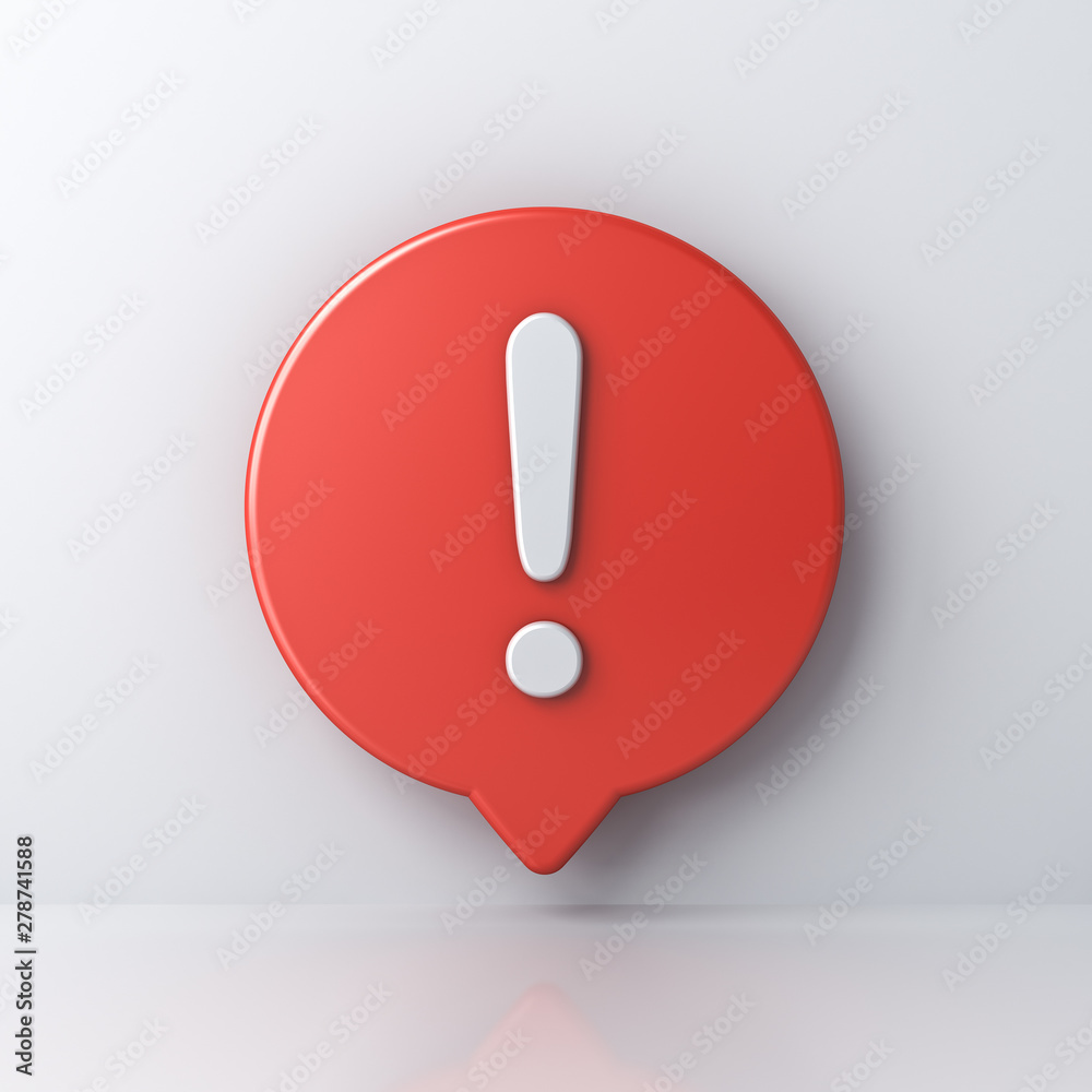 Poster 3d social media notification white exclamation mark in red round pin icon isolated on white backgrou