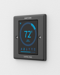 Smart home control panel mounted on a white wall. 3d render. Angled view. Smart Home Series.