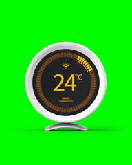 Smart thermostat on a green screen chroma key background. 3d render. Front view. Green Screen Series.