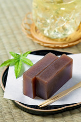 和菓子 羊羹と冷えたお茶