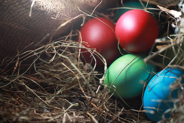 Easter painted eggs on burlap