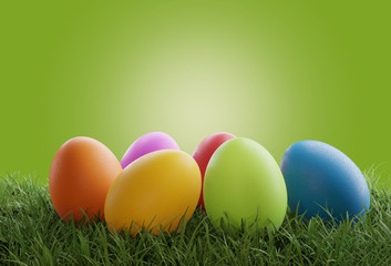 Fototapeta na wymiar Easter eggs green grass green background 3d-illustration