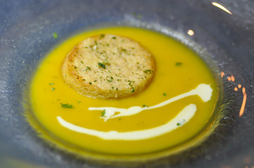 pumpkin soup or vegetable soup with whipped cream