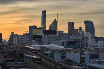 Naklejka premium A BTS Skytrain pulls into a station in the bangkok