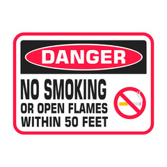 NO SMOKING prohobition forbidden sign vector illustration. Warning, danger, no smoking or open flames within 50 feet