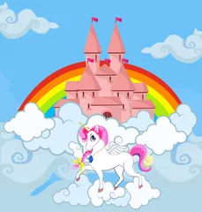 Ingelijste posters Eenhoorn Unicorn at sky castle rainbow princess fairytale  © Ekaterina