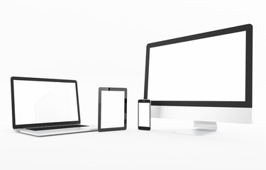 Computer, laptop, smartphone, display. on white background workspace mock up design illustration 3D rendering