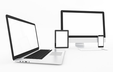 Fototapeta premium Computer, laptop, smartphone, display. on white background workspace mock up design illustration 3D rendering