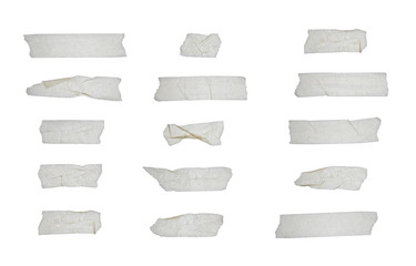 Strips of clear masking tape. Set of various adhesive tape pieces isolated on white background....