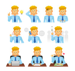 Young business person vector flat illustration set (upper body) / various business situations (commuting, coffee break, working with computer, talking on phone etc.)