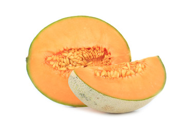 two slices of cantaloupe isolated on white background