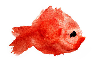 Watercolor red silhouette of fish with black eye on white background isolated in the form of a blot stain. Multicolored Ink Marine Oceanic River Animals