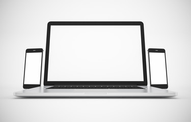 Computer, laptop, smartphone, display. on white background workspace mock up design illustration 3D rendering