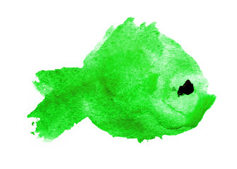 Watercolor green silhouette of fish with black eye on white background isolated in the form of a blot stain. Multicolored Ink Marine Oceanic River Animals