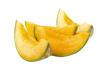 heap of slices of cantaloupe isolated on white background
