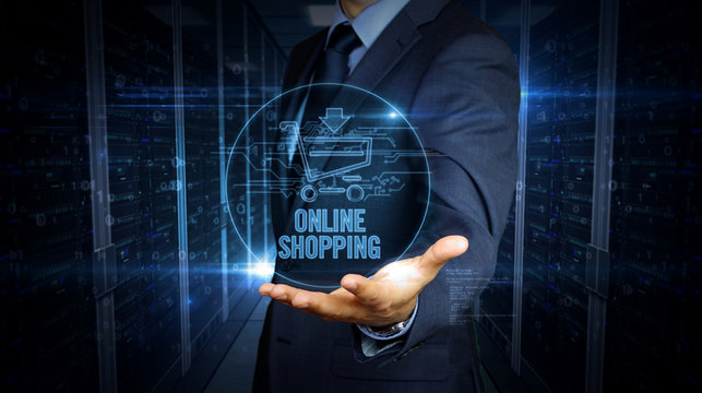 Businessman with shopping cart symbol hologram over hand