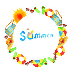 Summer frame attributes on white background hand drawing. Watercolor illustration of summer vacation. Design for banner, invitation.