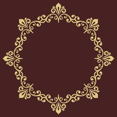Oriental vector round frame with arabesques and floral elements. Floral border with vintage pattern. Greeting card with round golden place for text